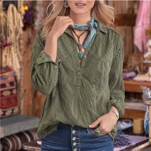 Sundance Simply Shannon Patchwork Army Green Button Down Shirt Blouse